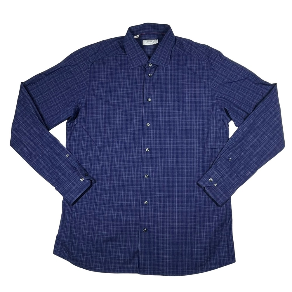 Eton Button Down Mens XL Blue Micro Check Contemporary Fit Cotton Dress Shirt - Picture 3 of 11